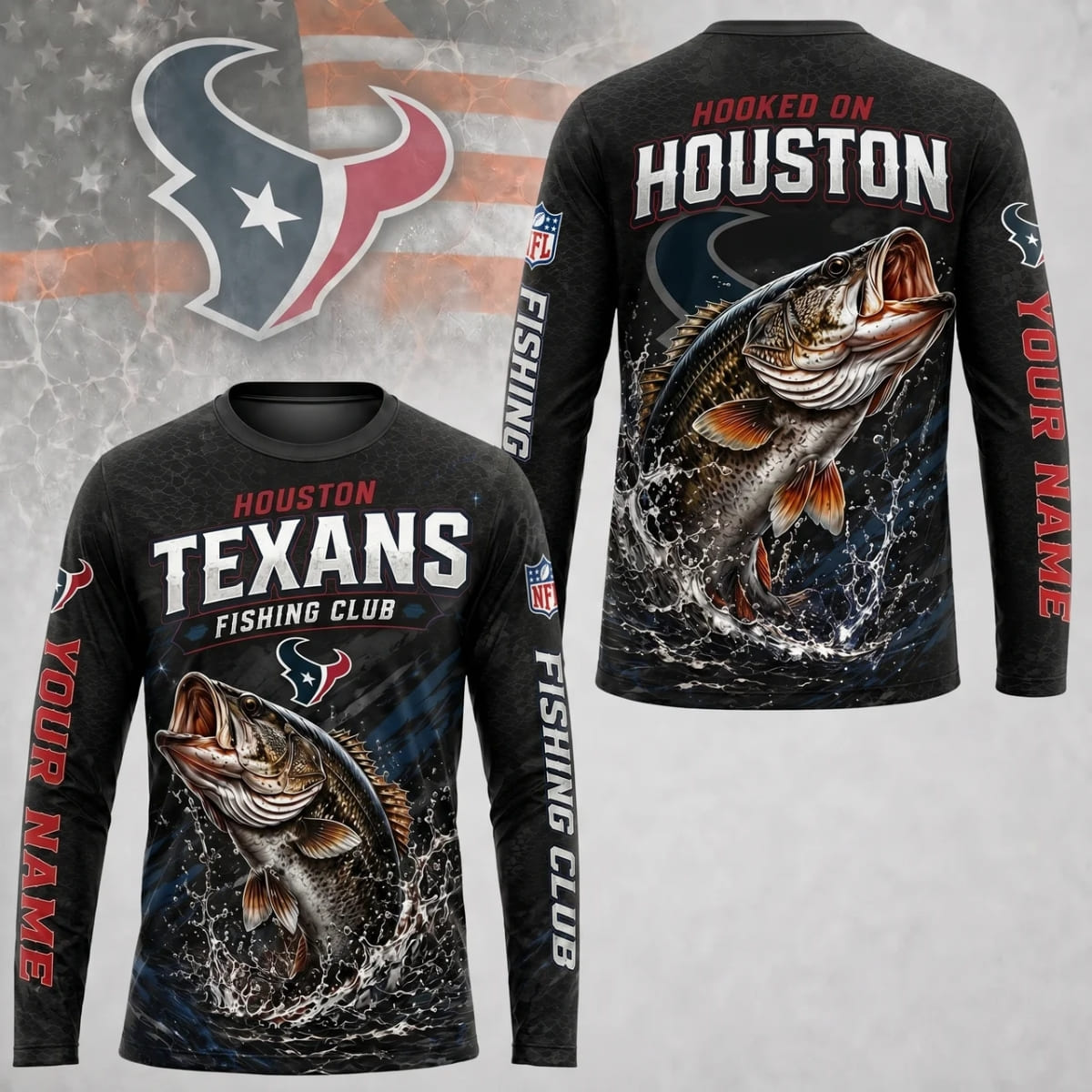 Personalized Houston Texans Fishing Club Long Sleeve Shirt – Custom Name | NFL x Fishing