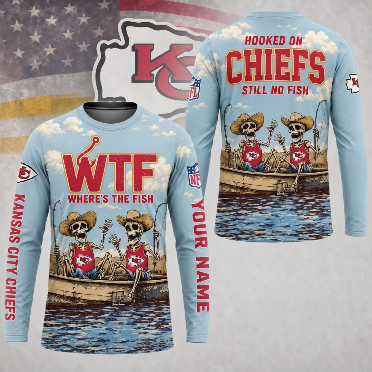 Personalized Kansas City Chiefs Where’s The Fish Long Sleeve Shirt – Custom Name | NFL x Fishing
