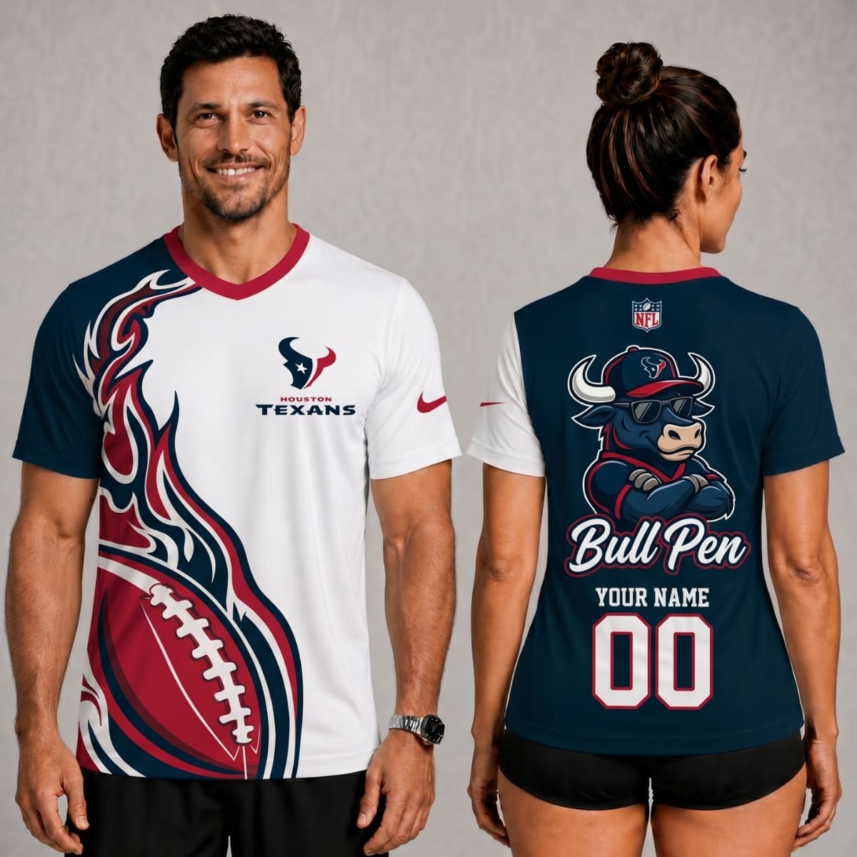 Houston Texans Bull Pen Flame V-Neck Unisex Shirt – Personalized Name & Number | NFL Fan Outfit