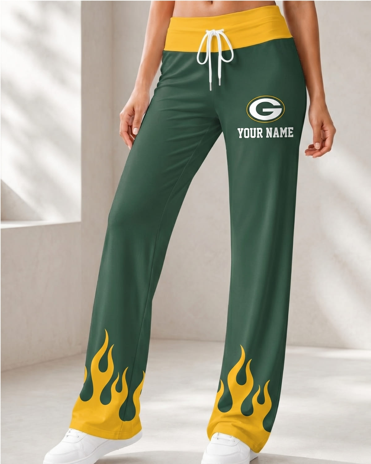 Personalized Green Bay Packers Flame Hem Comfy Women’s Pants – Custom Name | NFL Fan Outfit