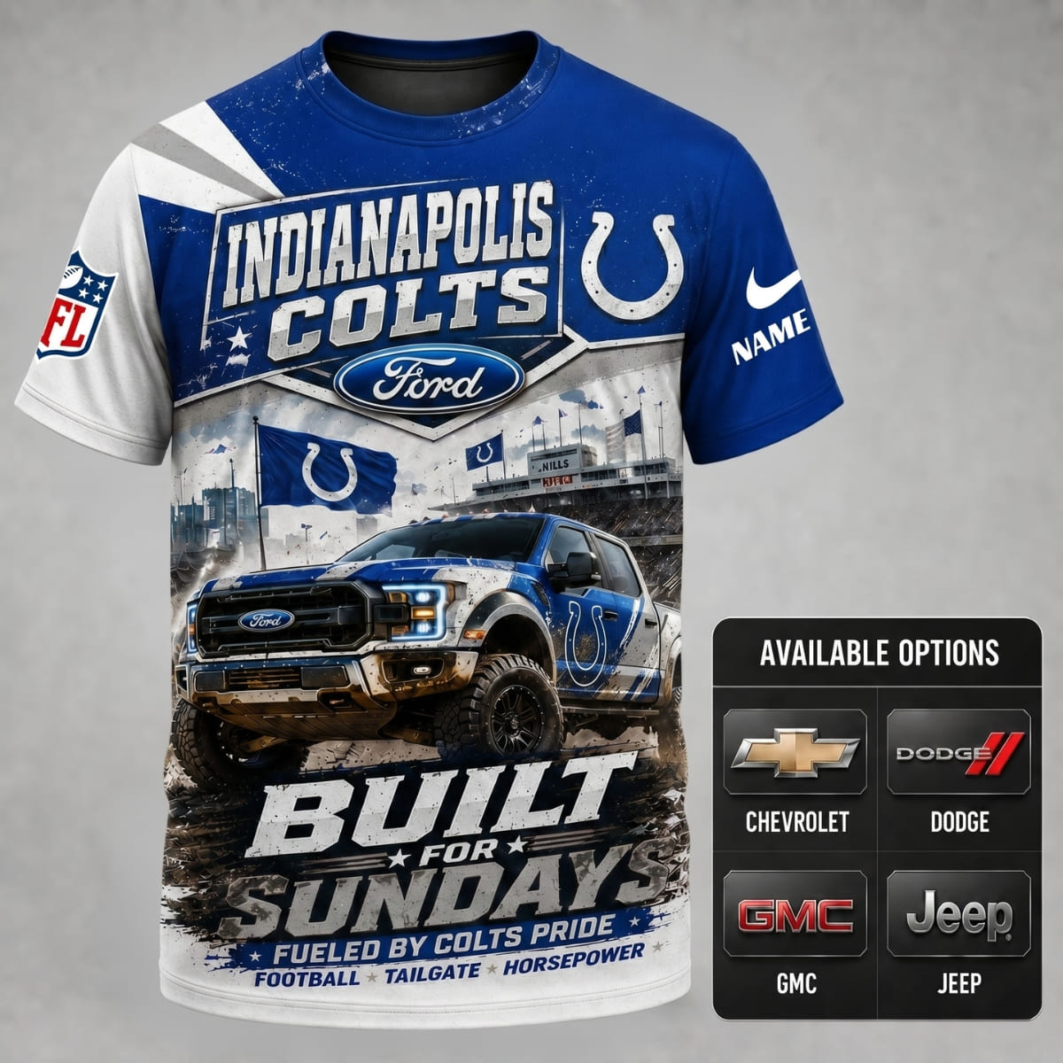 Personalized Indianapolis Colts Built for Sundays Unisex T-Shirt – Custom Name & Vehicle | NFL Fan Outfit