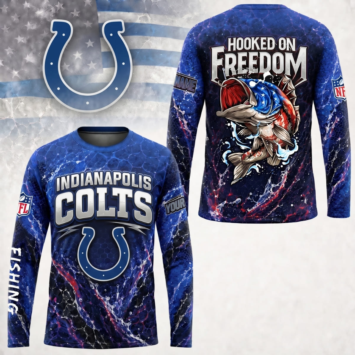 Personalized Indianapolis Colts Hooked on Freedom Long Sleeve Shirt – Custom Name | NFL x Fishing