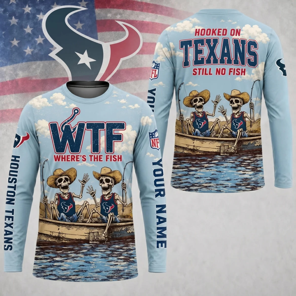 Personalized Houston Texans Where’s The Fish Long Sleeve Shirt – Custom Name | NFL x Fishing