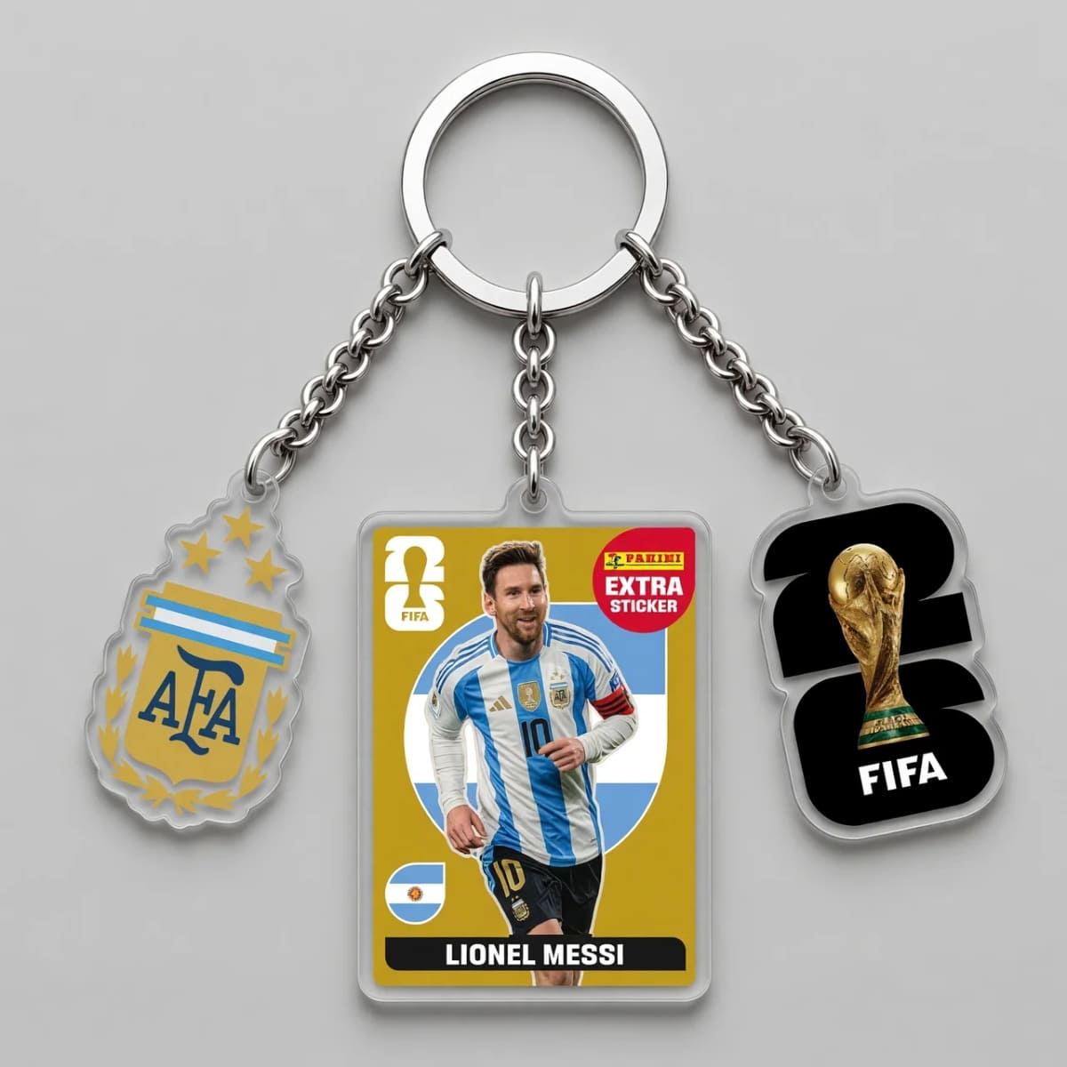 Lionel Messi No.10 Argentina Panini Card Triple Charm Keychain | World Cup 2026