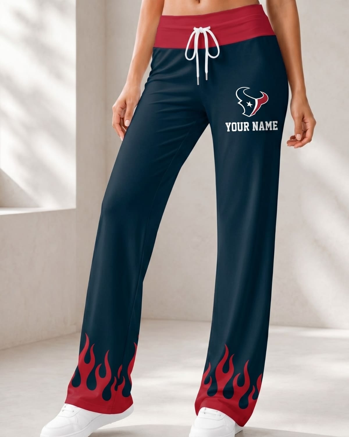 Personalized Houston Texans Flame Hem Comfy Women’s Pants – Custom Name | NFL Fan Outfit