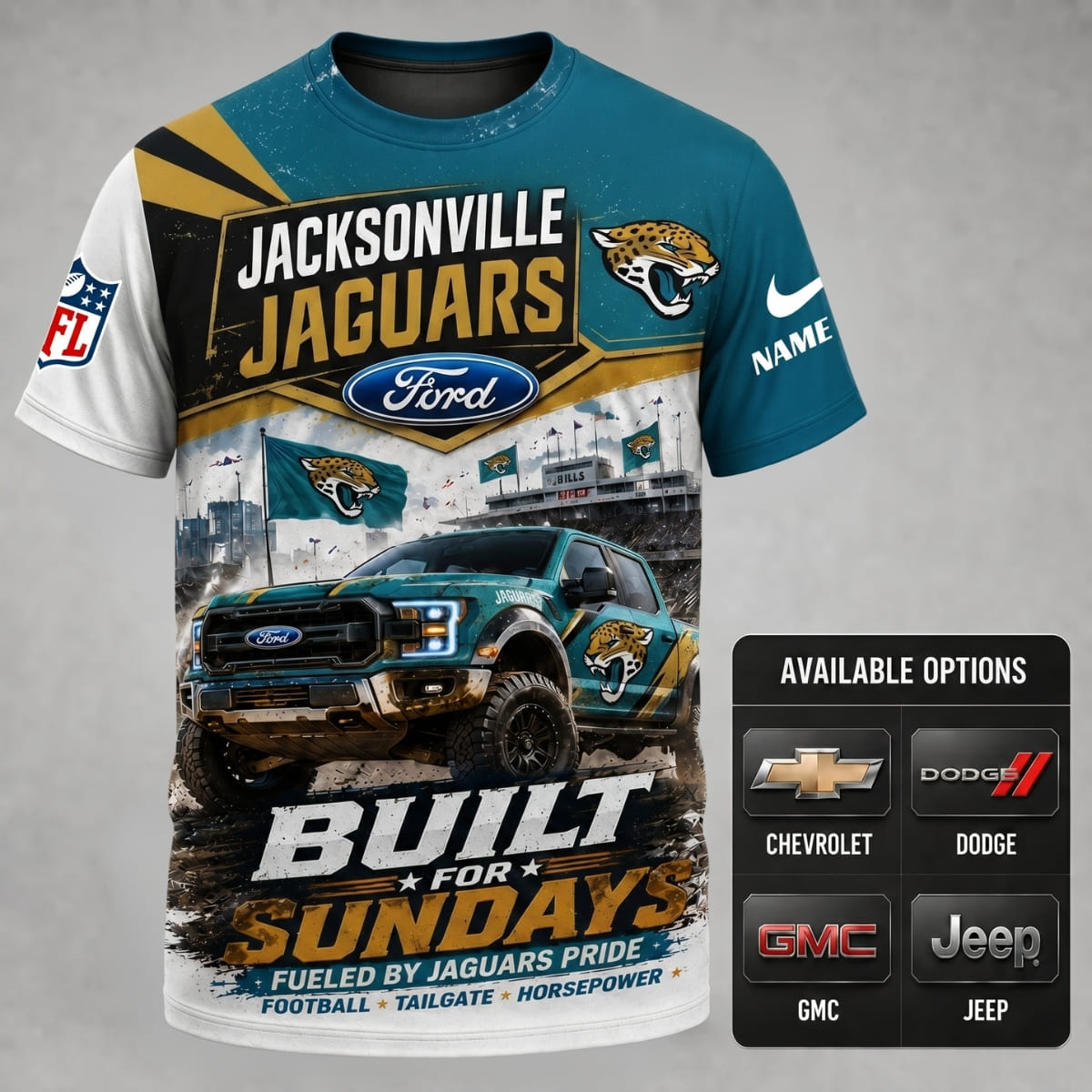 Personalized Jacksonville Jaguars Built for Sundays Unisex T-Shirt – Custom Name & Vehicle | NFL Fan Outfit