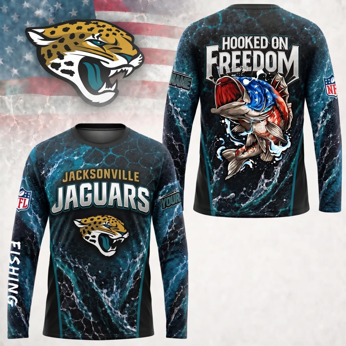 Personalized Jacksonville Jaguars Hooked on Freedom Long Sleeve Shirt – Custom Name | NFL x Fishing