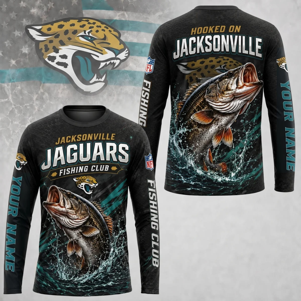 Personalized Jacksonville Jaguars Fishing Club Long Sleeve Shirt – Custom Name | NFL x Fishing