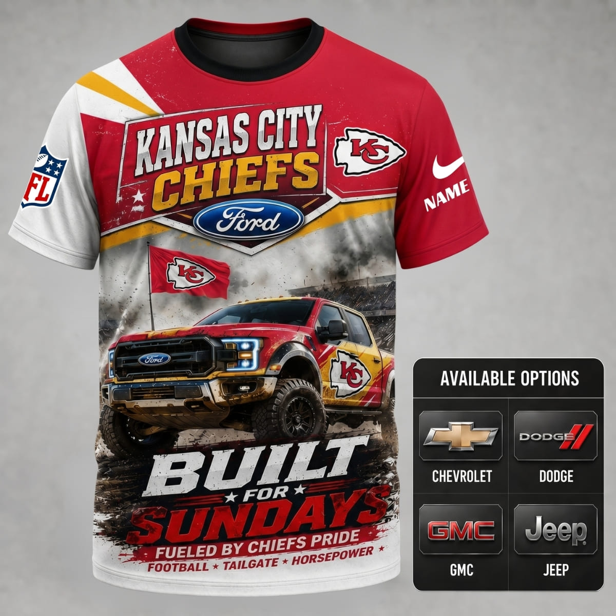Personalized Kansas City Chiefs Built for Sundays Unisex T-Shirt – Custom Name & Vehicle | NFL Fan Outfit