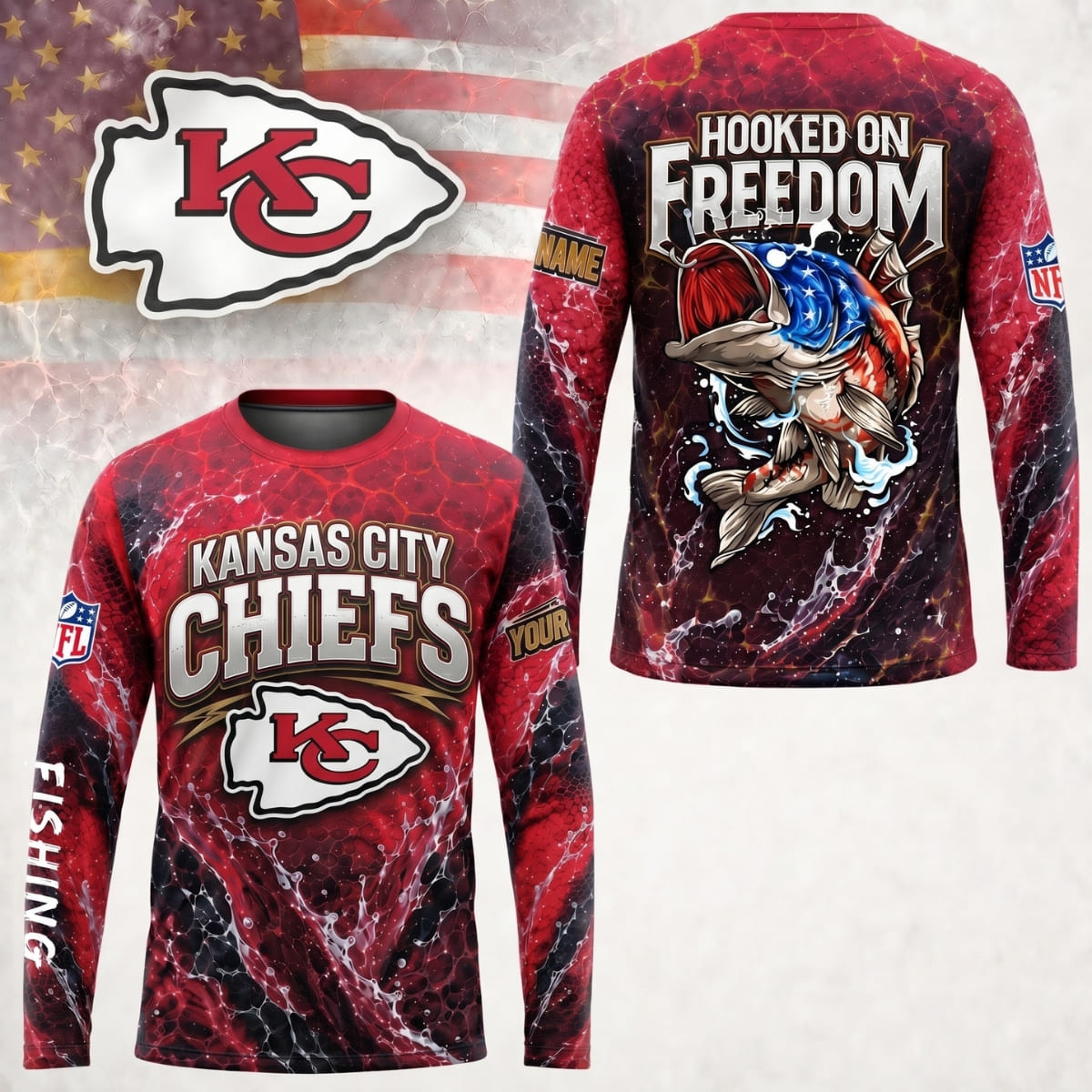 Personalized Kansas City Chiefs Hooked on Freedom Long Sleeve Shirt – Custom Name | NFL x Fishing