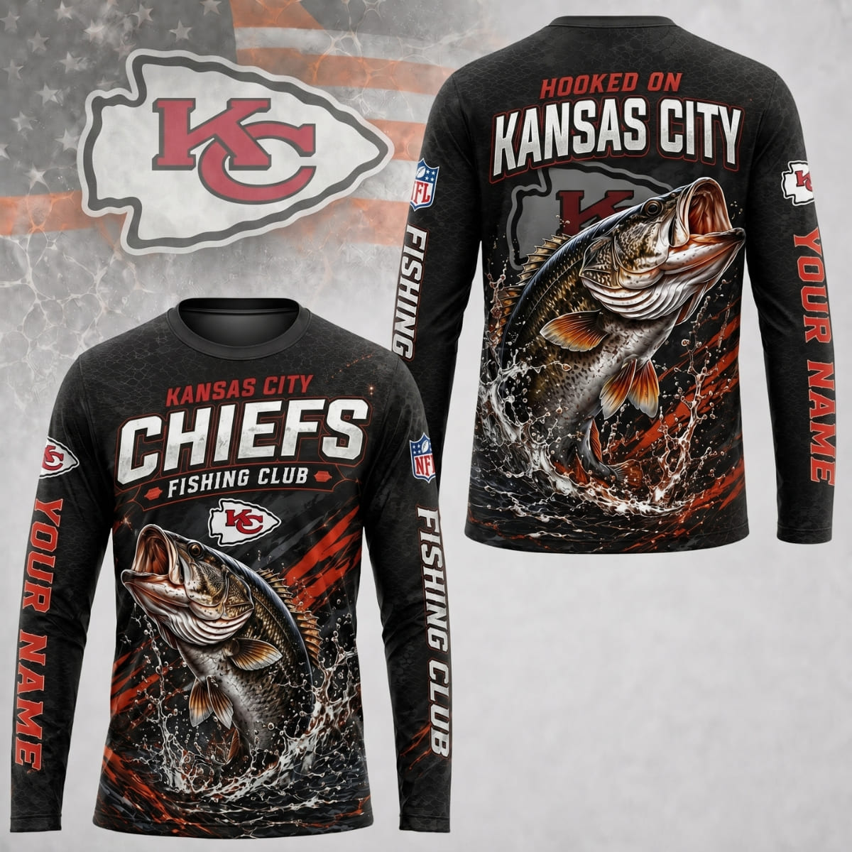 Personalized Kansas City Chiefs Fishing Club Long Sleeve Shirt – Custom Name | NFL x Fishing