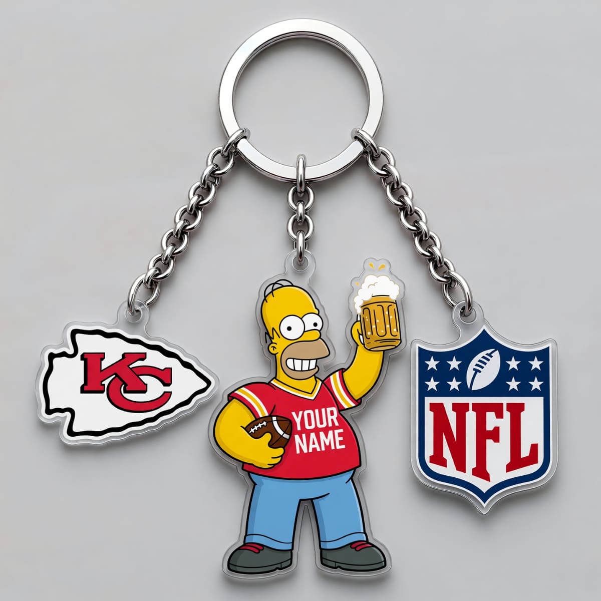 Personalized Kansas City Chiefs x The Simpsons Triple Charm Keychain - Custom Name | NFL Fan Gift