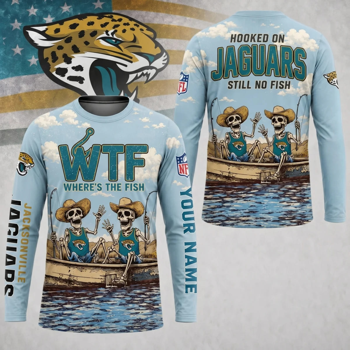 Personalized Jacksonville Jaguars Where’s The Fish Long Sleeve Shirt – Custom Name | NFL x Fishing