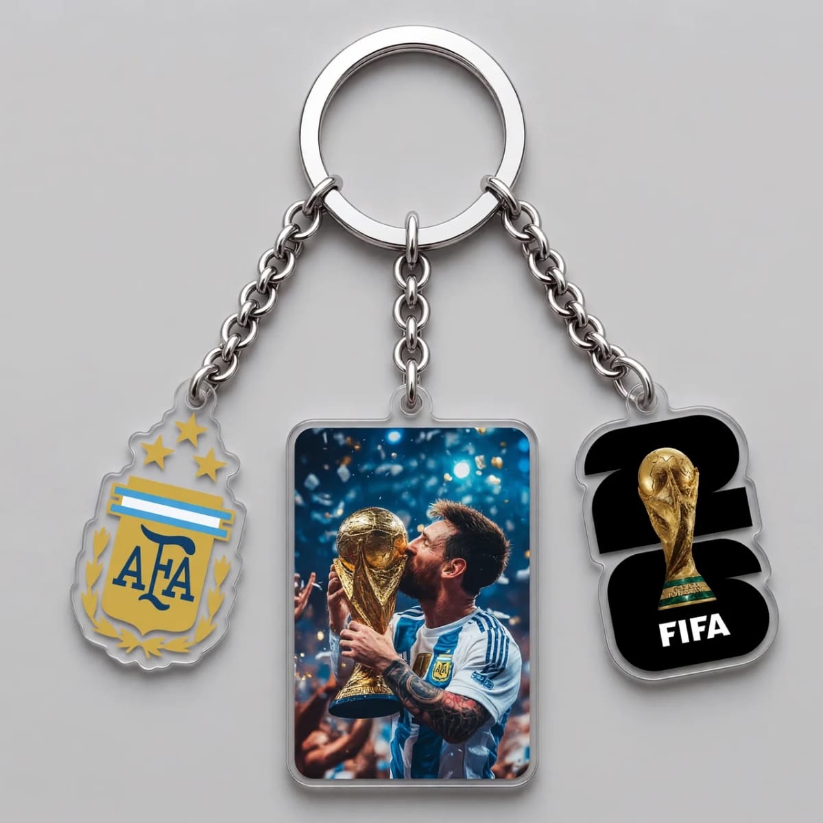Lionel Messi Trophy Kiss Triple Charm Keychain | World Cup 2026