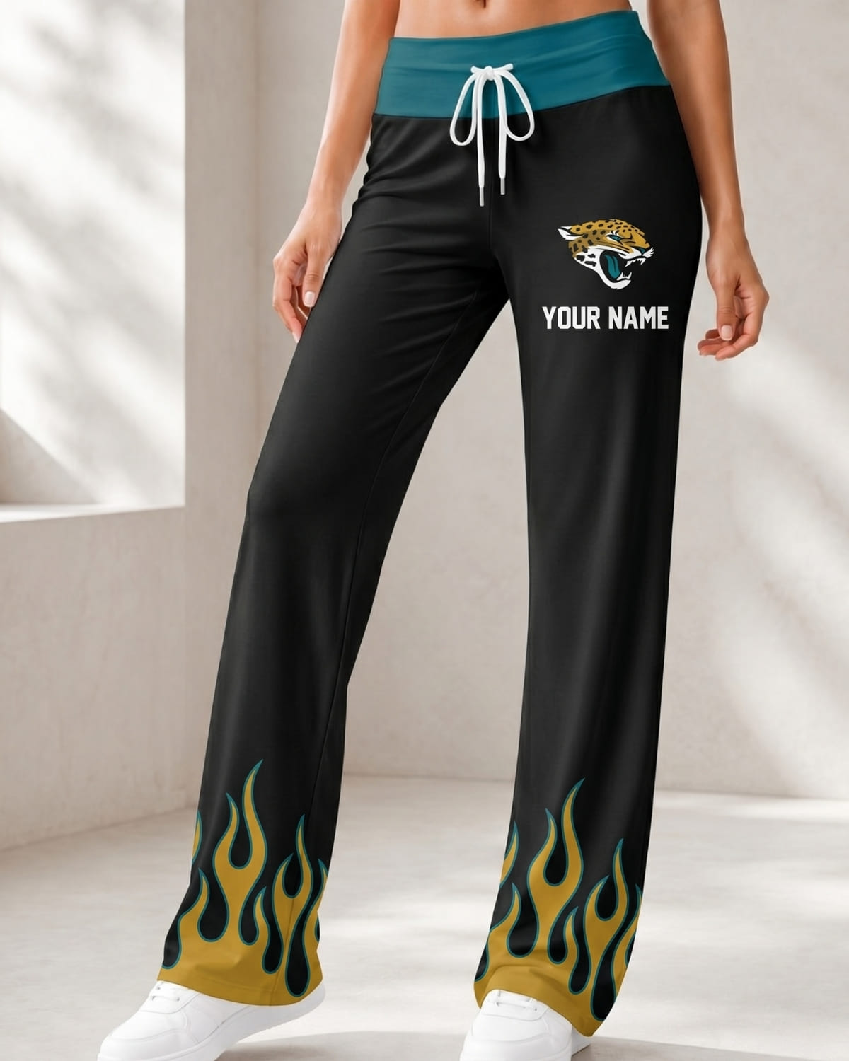 Personalized Jacksonville Jaguars Flame Hem Comfy Women’s Pants – Custom Name | NFL Fan Outfit
