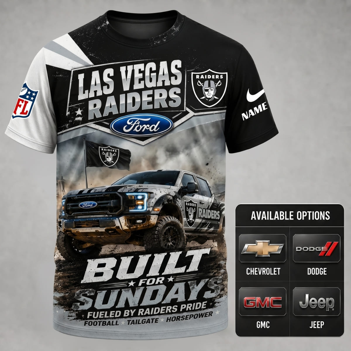 Personalized Las Vegas Raiders Built for Sundays Unisex T-Shirt – Custom Name & Vehicle | NFL Fan Outfit