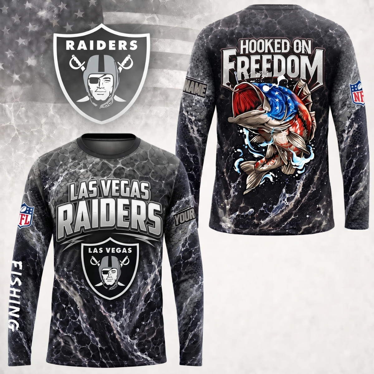 Personalized Las Vegas Raiders Hooked on Freedom Long Sleeve Shirt – Custom Name | NFL x Fishing