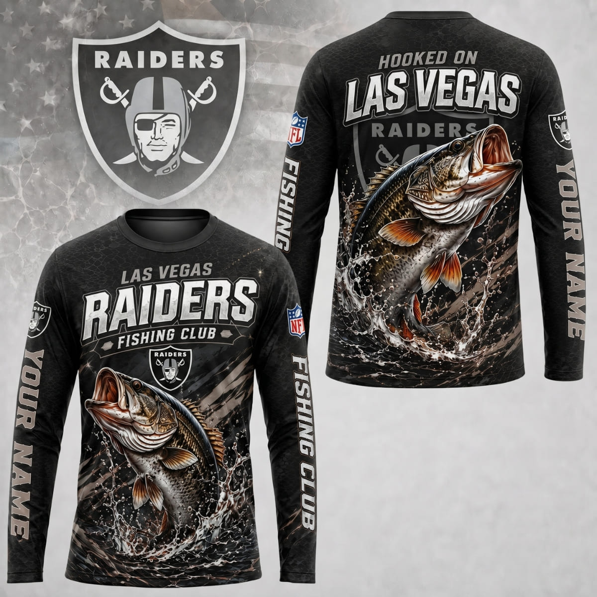 Personalized Las Vegas Raiders Fishing Club Long Sleeve Shirt – Custom Name | NFL x Fishing