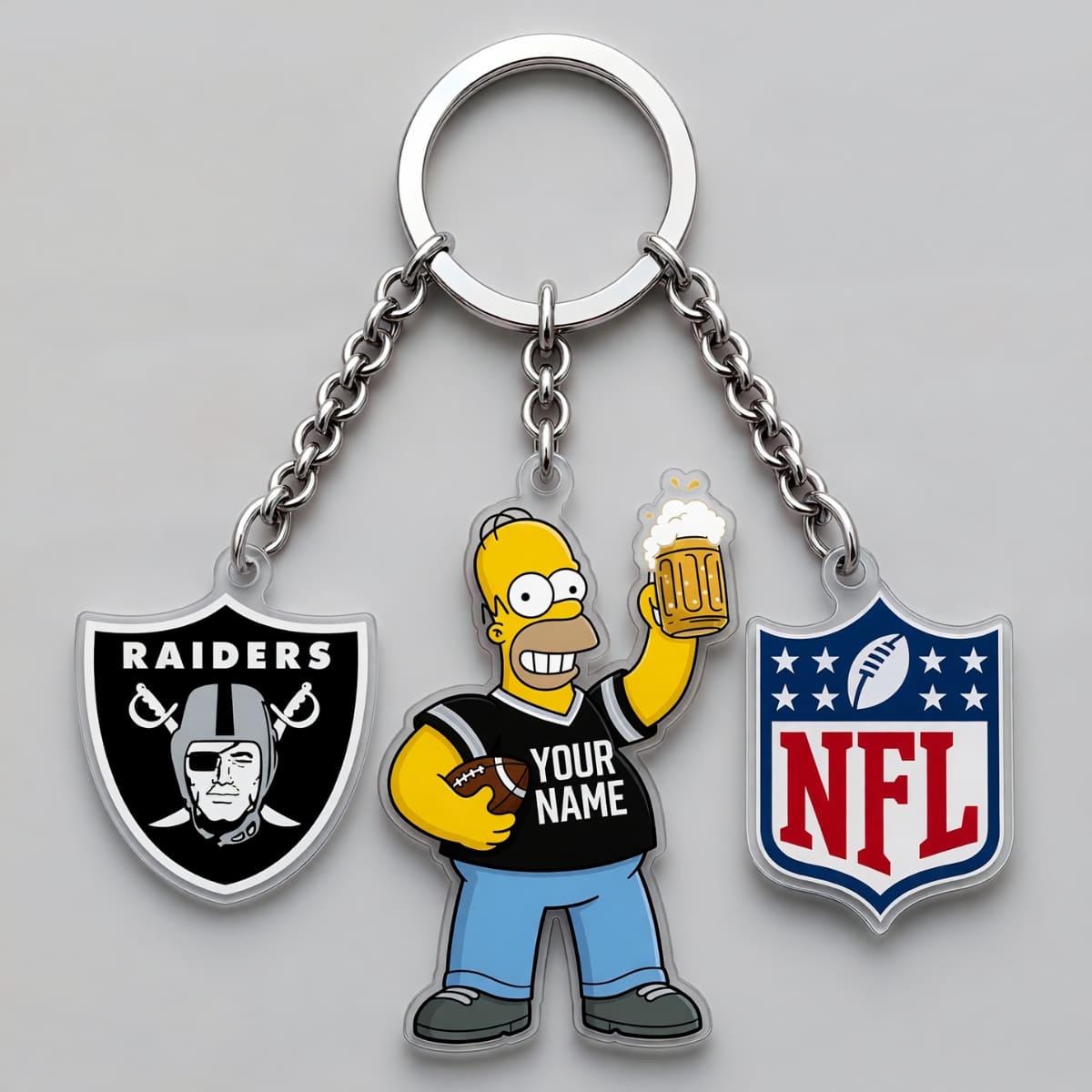 Personalized Las Vegas Raiders x The Simpsons Triple Charm Keychain – Custom Name | NFL Fan Gift