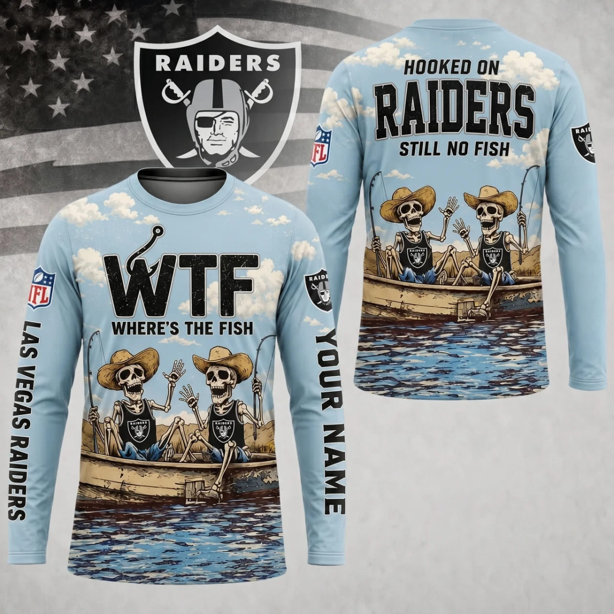Personalized Las Vegas Raiders Where’s The Fish Long Sleeve Shirt – Custom Name | NFL x Fishing