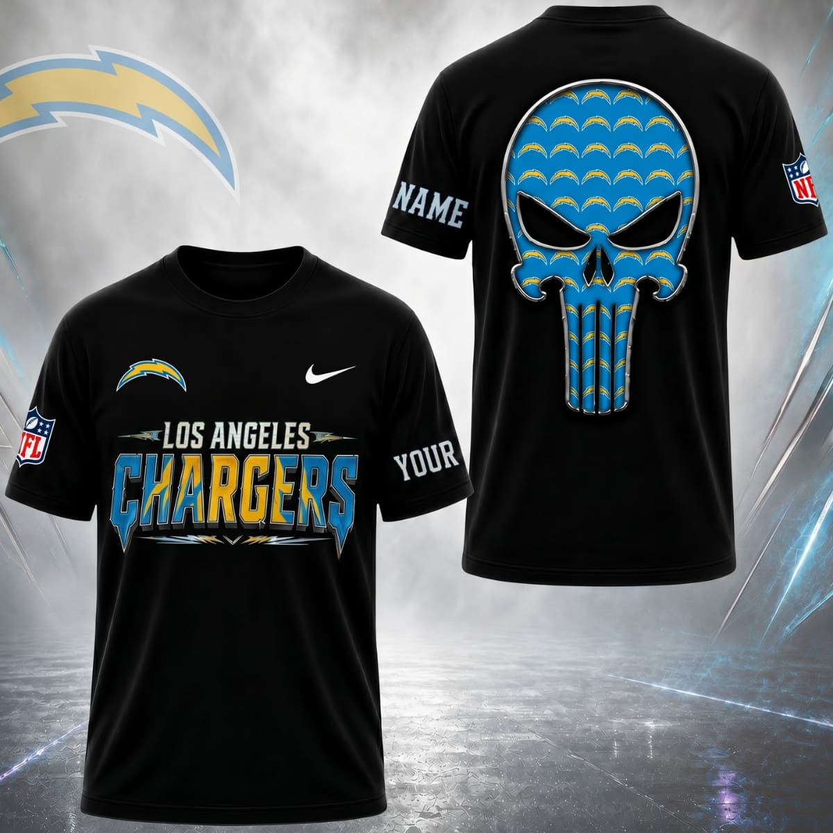 Personalized Los Angeles Chargers Gridiron Skull Unisex T-Shirt – Custom Name | NFL Fan Outfit