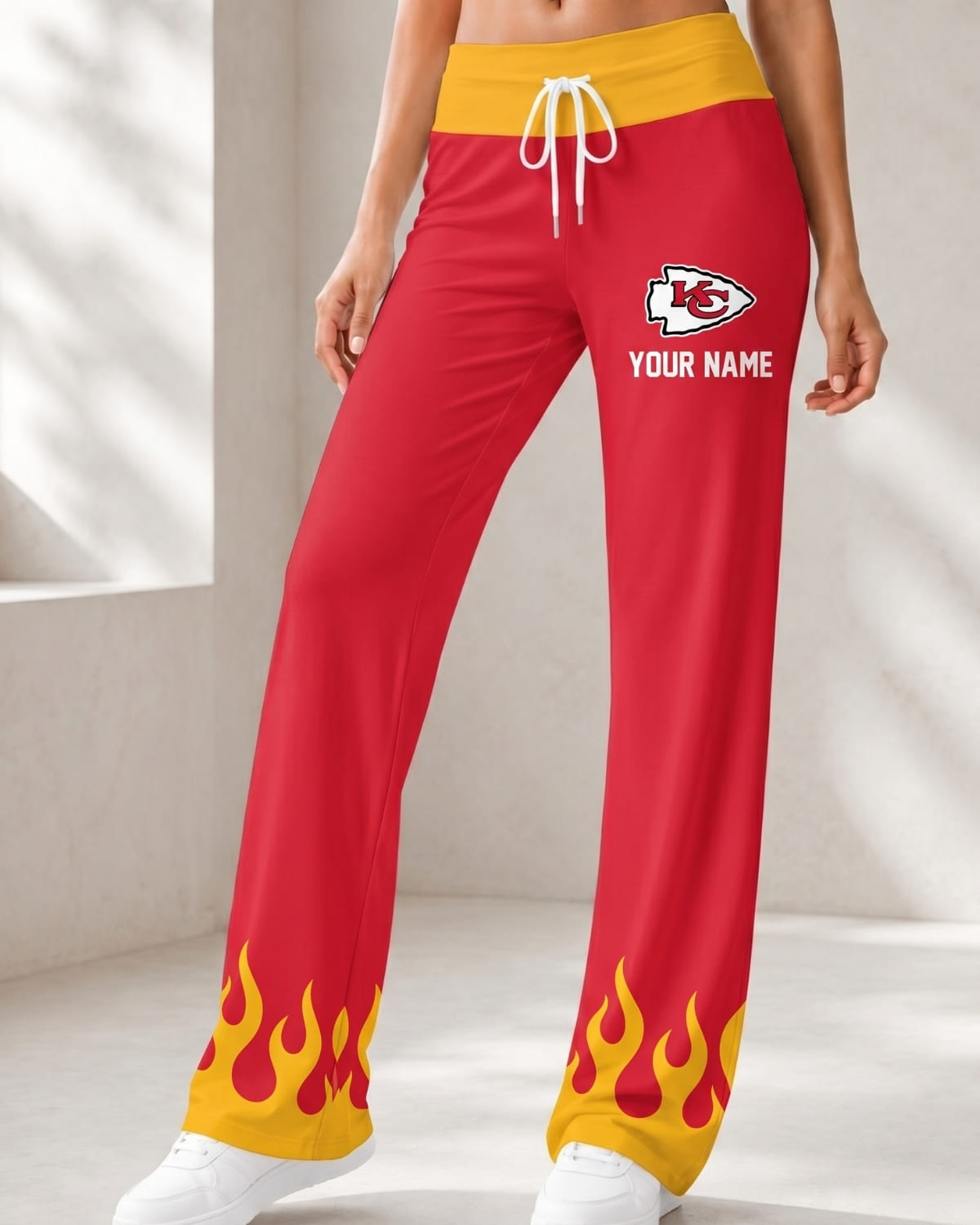 Personalized Kansas City Chiefs Flame Hem Comfy Women’s Pants – Custom Name | NFL Fan Outfit