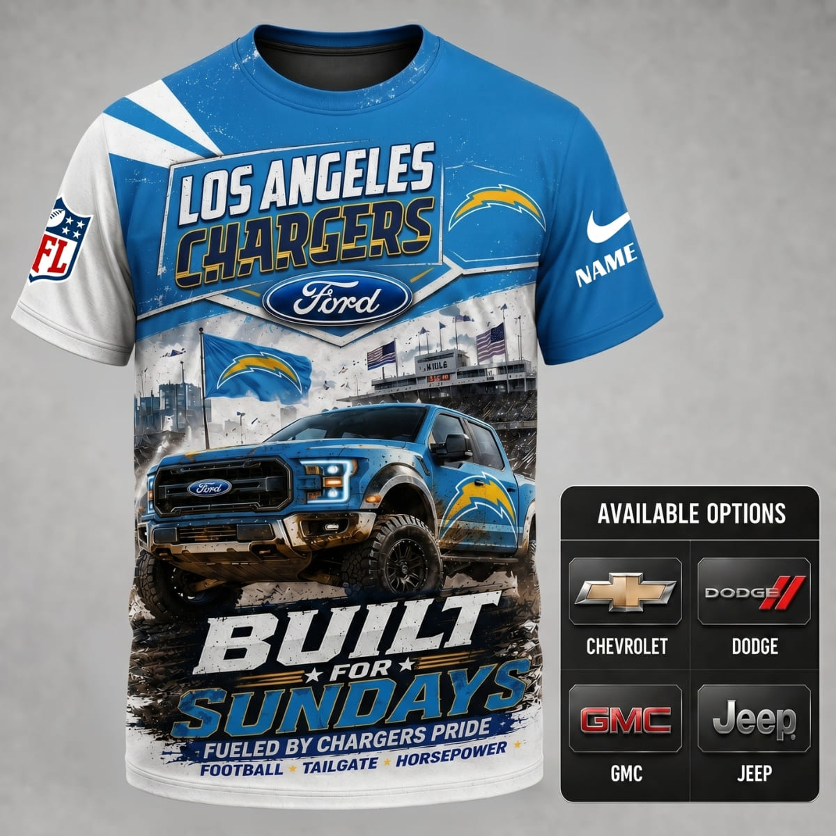 Personalized Los Angeles Chargers Built for Sundays Unisex T-Shirt – Custom Name & Vehicle | NFL Fan Outfit