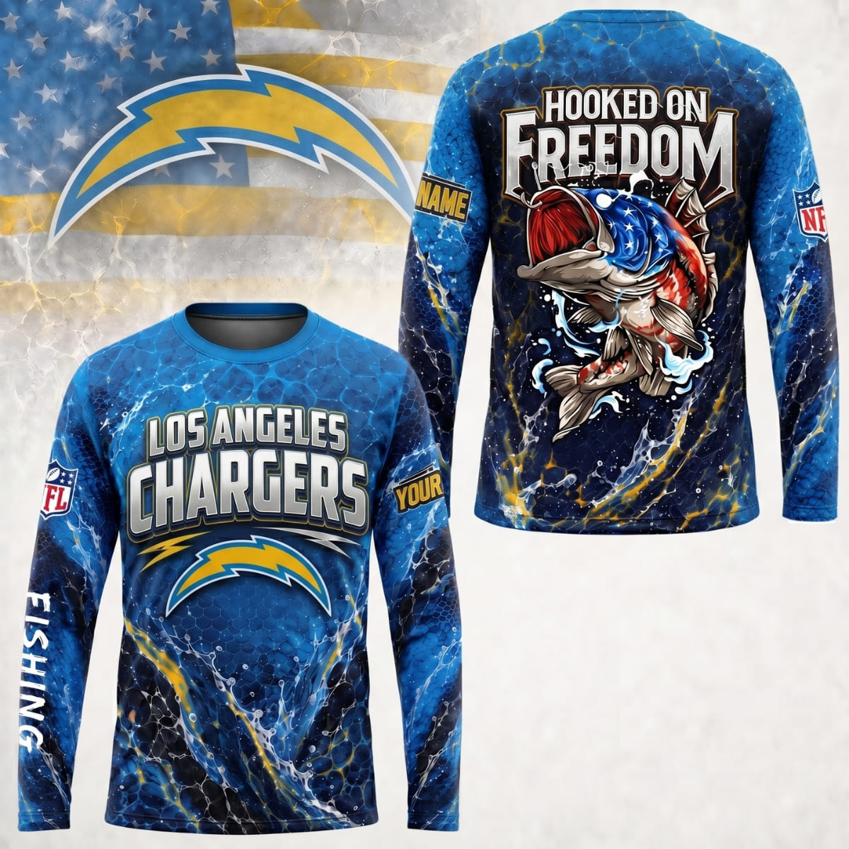 Personalized Los Angeles Chargers Hooked on Freedom Long Sleeve Shirt – Custom Name | NFL x Fishing