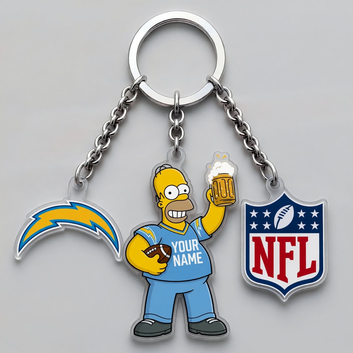 Personalized Los Angeles Chargers x The Simpsons Triple Charm Keychain – Custom Name | NFL Fan Gift