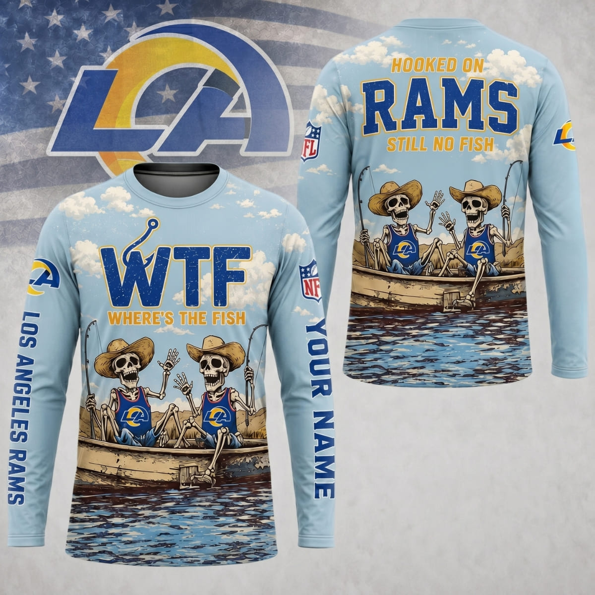 Personalized Los Angeles Rams Where’s The Fish Long Sleeve Shirt – Custom Name | NFL x Fishing