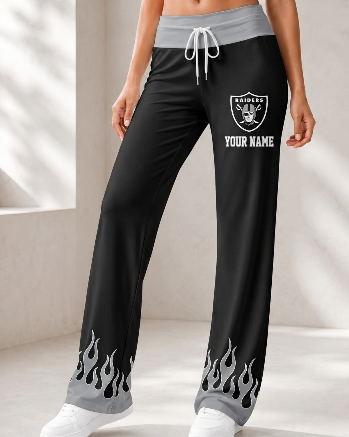 Personalized Las Vegas Raiders Flame Hem Comfy Women’s Pants – Custom Name | NFL Fan Outfit