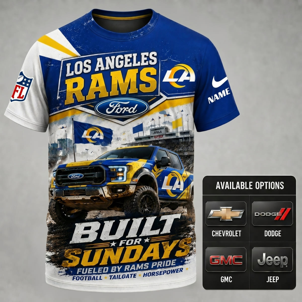 Personalized Los Angeles Rams Built for Sundays Unisex T-Shirt – Custom Name & Vehicle | NFL Fan Outfit