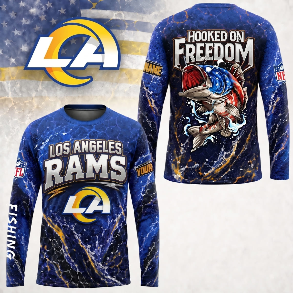 Personalized Los Angeles Rams Fan Hooked on Freedom Long Sleeve Shirt – Custom Name | NFL x Fishing