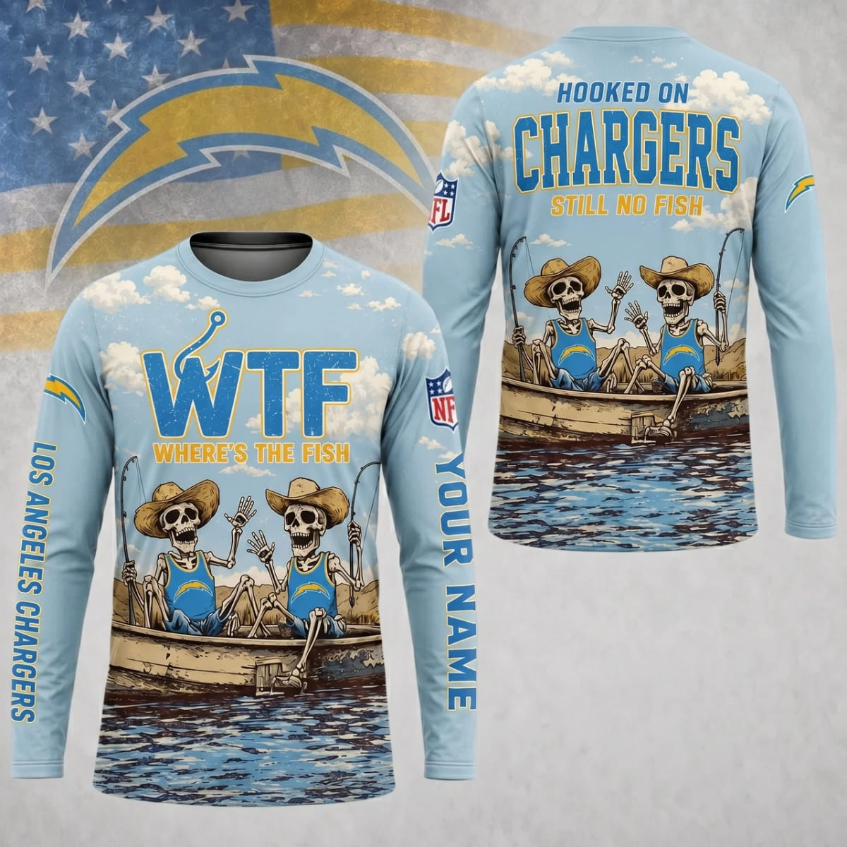Personalized Los Angeles Chargers Where’s The Fish Long Sleeve Shirt – Custom Name | NFL x Fishing