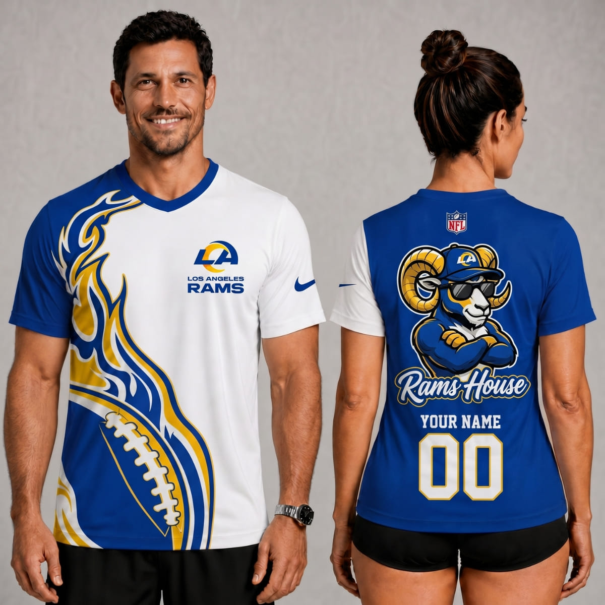 Los Angeles Rams House Flame V-Neck Unisex Shirt – Personalized Name & Number | NFL Fan Outfit