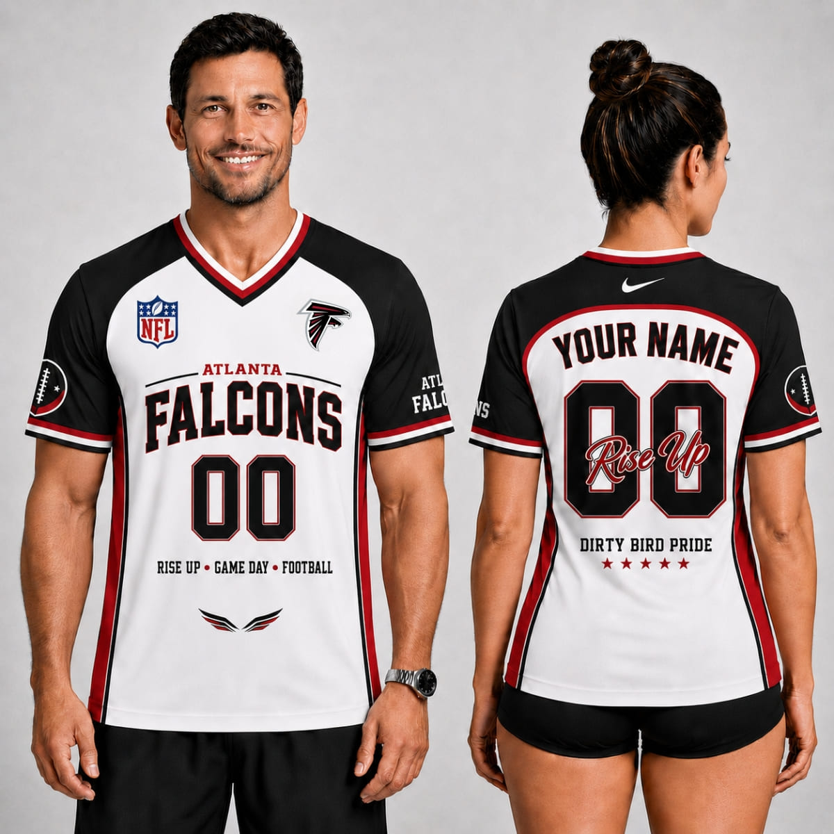 Personalized Atlanta Falcons Rise Up V-Neck Unisex Shirt – Custom Name & Number | NFL Fan Outfit
