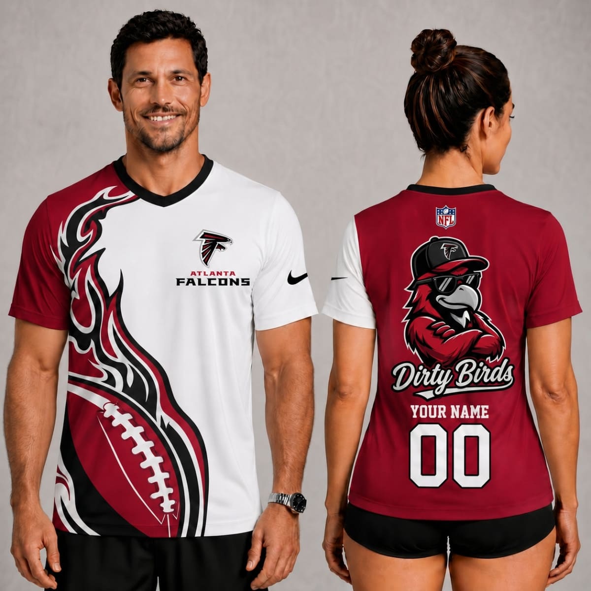 Atlanta Falcons Dirty Birds Flame V-Neck Unisex Shirt – Personalized Name & Number | NFL Fan Outfit