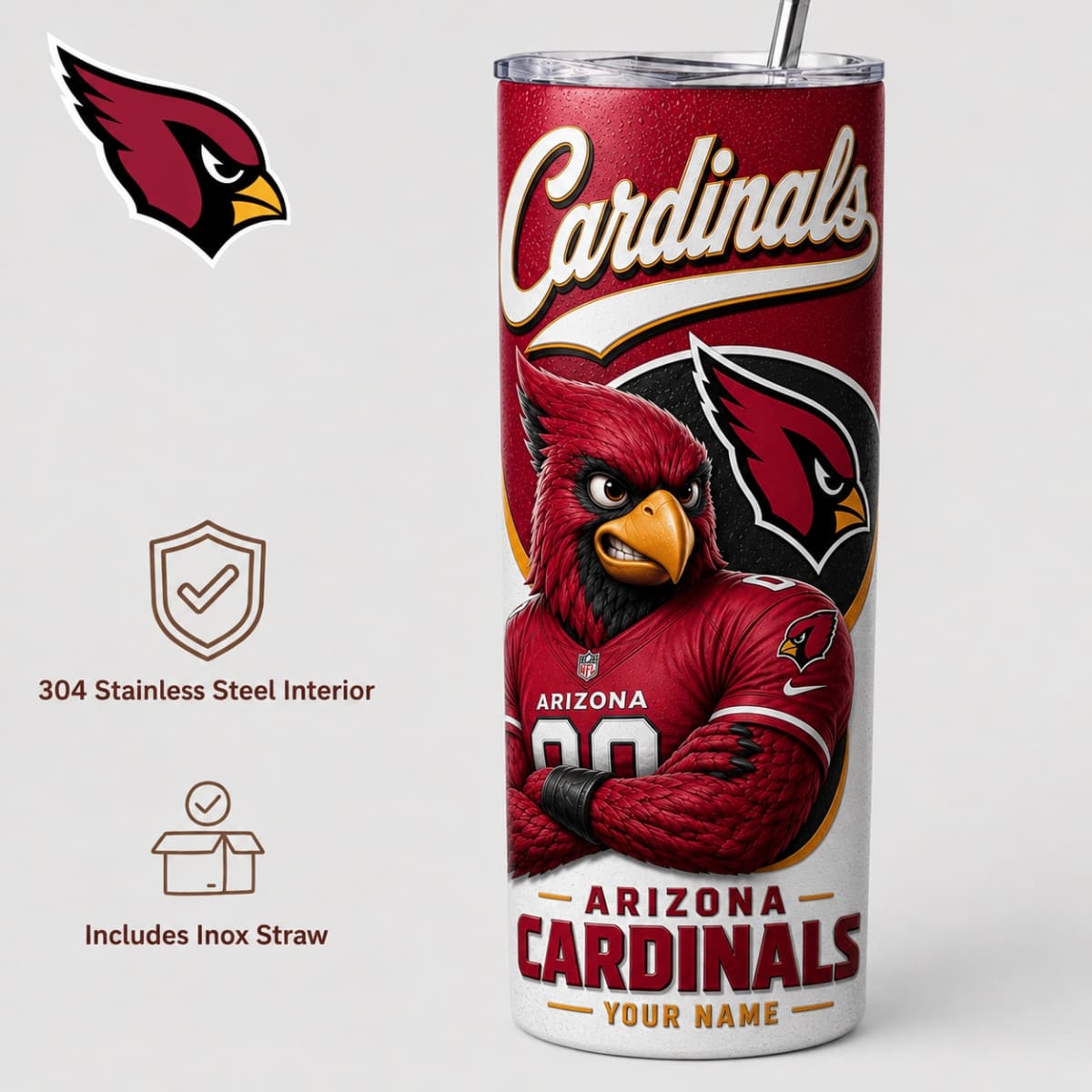 Personalized Arizona Cardinals Game Day Mascot 20oz Straight Tumbler – Custom Name | NFL Fan Gift