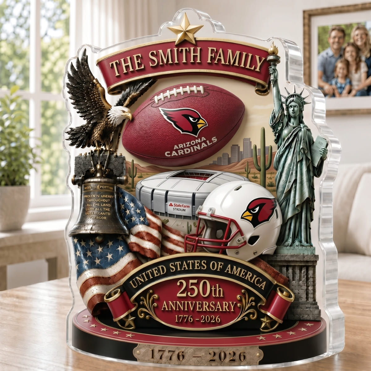 Personalized Arizona Cardinals America 250 Family Legacy Acrylic Plaque – Custom Family Name | NFL Fan Gift