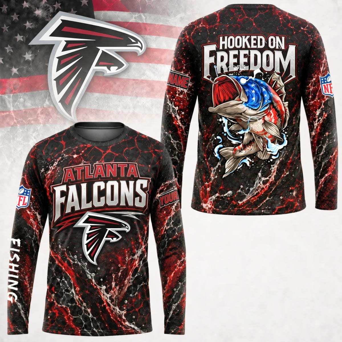 Personalized Atlanta Falcons Hooked on Freedom Long Sleeve Shirt – Custom Name | NFL x Fishing