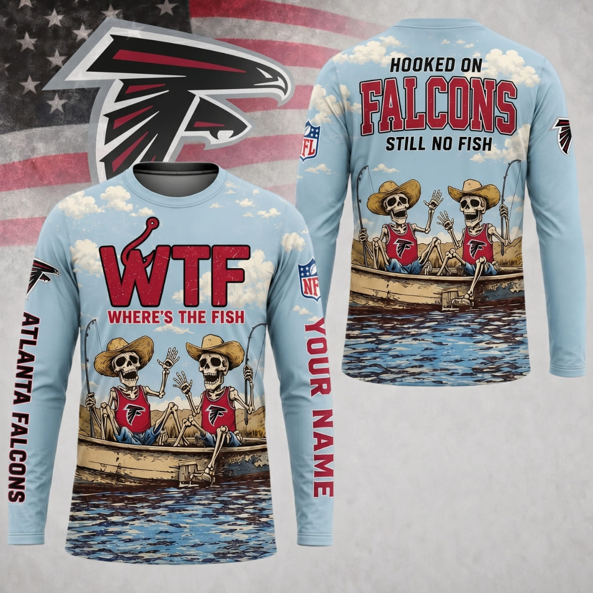 Personalized Atlanta Falcons Where’s The Fish Long Sleeve Shirt – Custom Name | NFL x Fishing