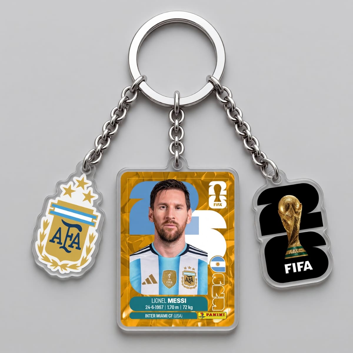 Lionel Messi Argentina Gold Player Card Triple Charm Keychain | World Cup 2026