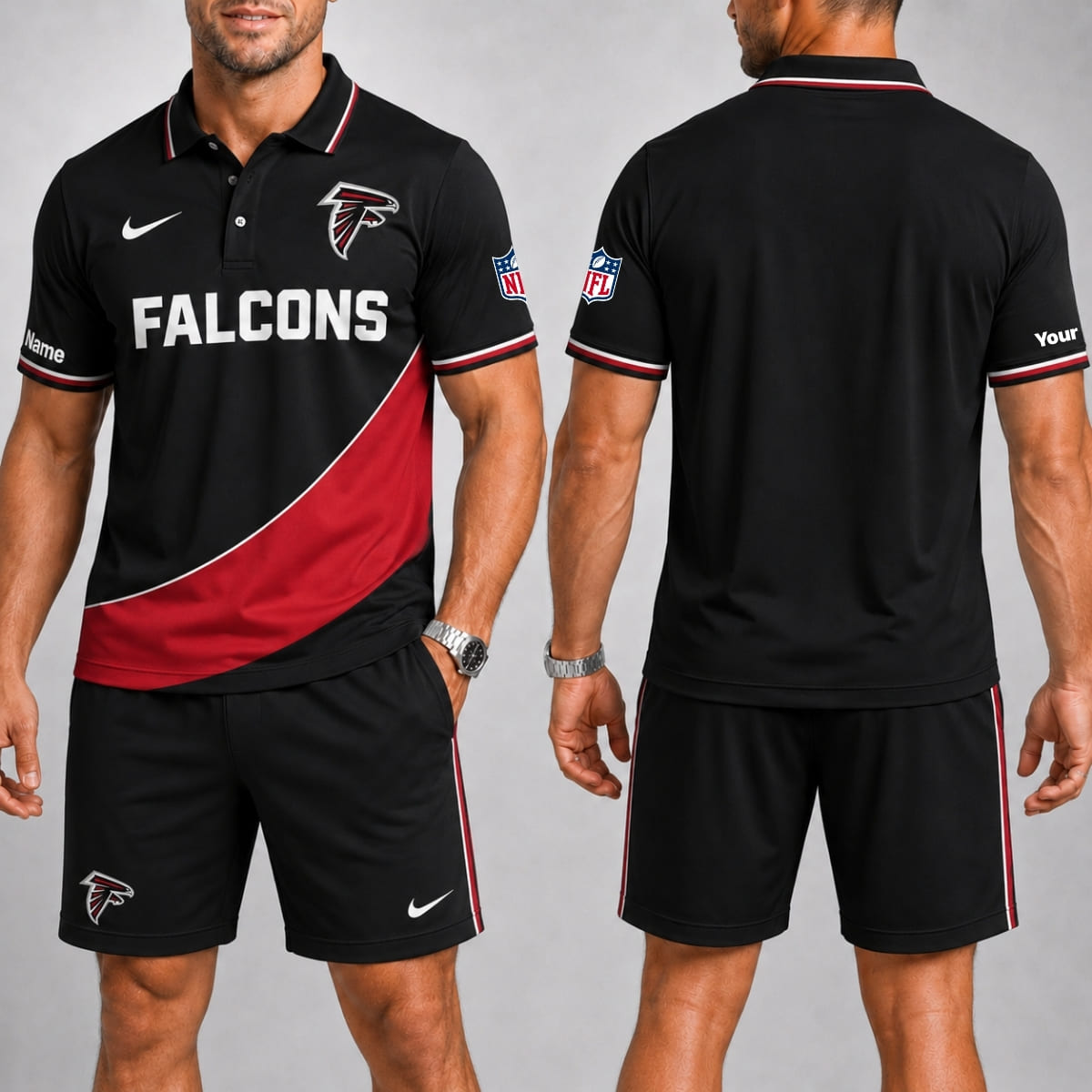 Personalized Atlanta Falcons Sideline Edition Polo Shirt & Shorts Set – Custom Name | NFL Fan Outfit