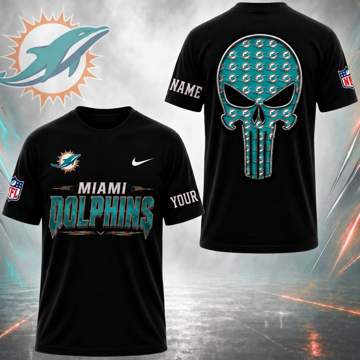 Personalized Miami Dolphins Gridiron Skull Unisex T-Shirt – Custom Name | NFL Fan Outfit