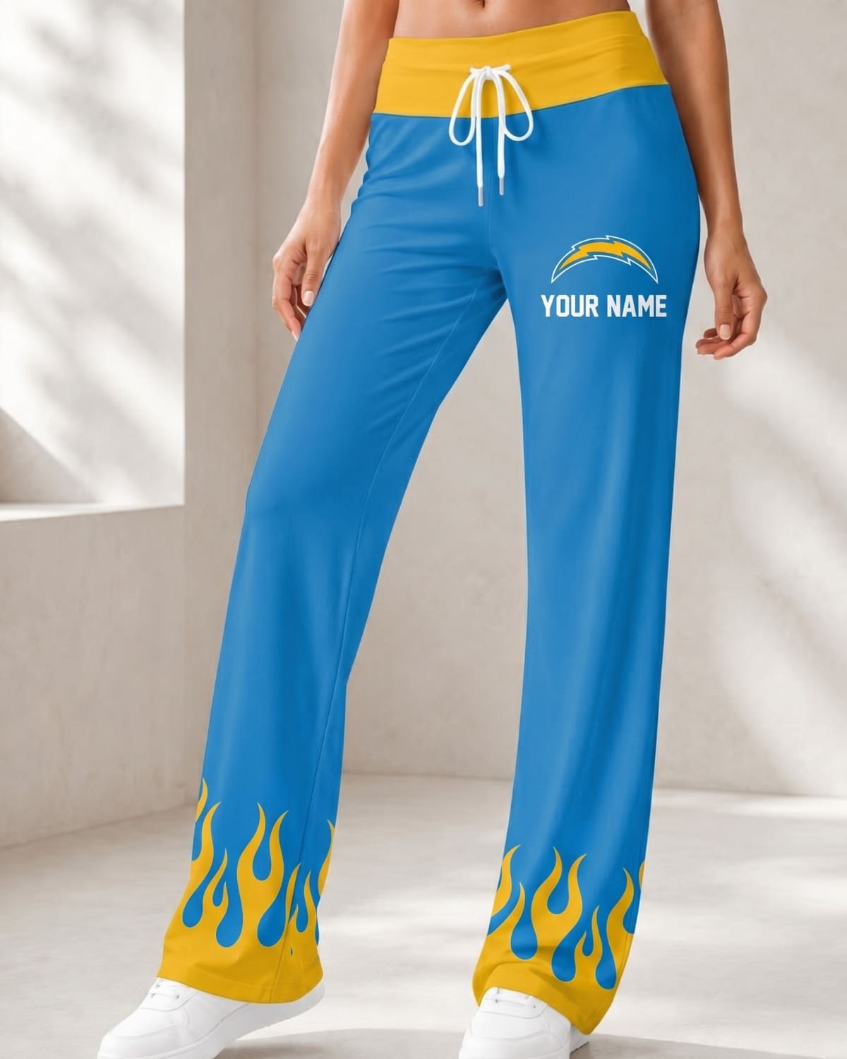 Personalized Los Angeles Chargers Flame Hem Comfy Women’s Pants – Custom Name | NFL Fan Outfit