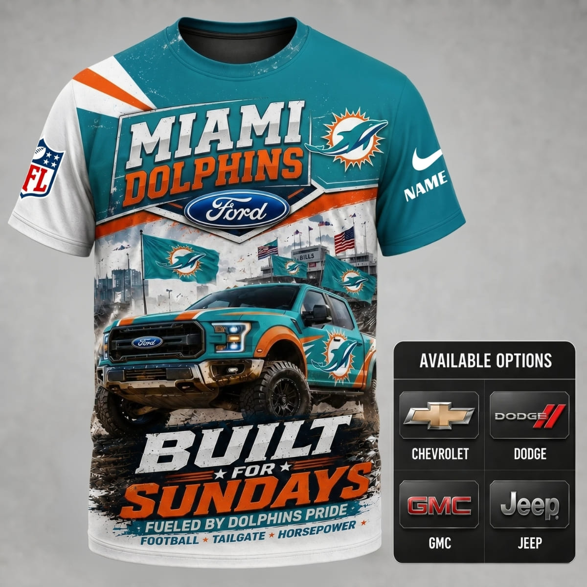 Personalized Miami Dolphins Built for Sundays Unisex T-Shirt – Custom Name & Vehicle | NFL Fan Outfit