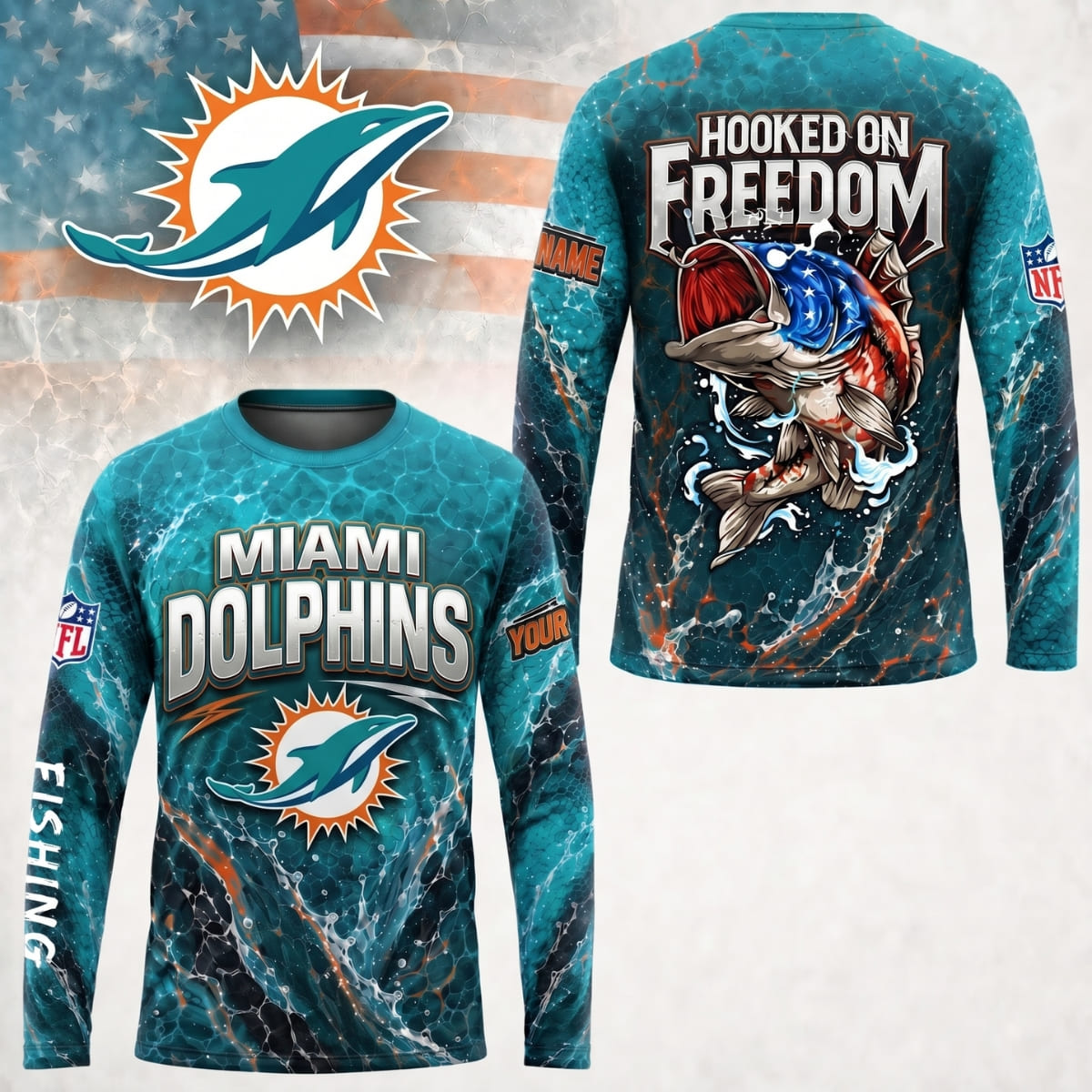 Personalized Miami Dolphins Hooked on Freedom Long Sleeve Shirt – Custom Name | NFL x Fishing