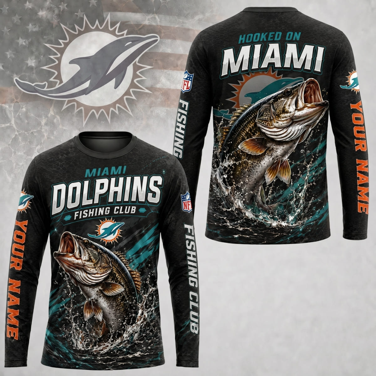 Personalized Miami Dolphins Fishing Club Long Sleeve Shirt – Custom Name | NFL x Fishing