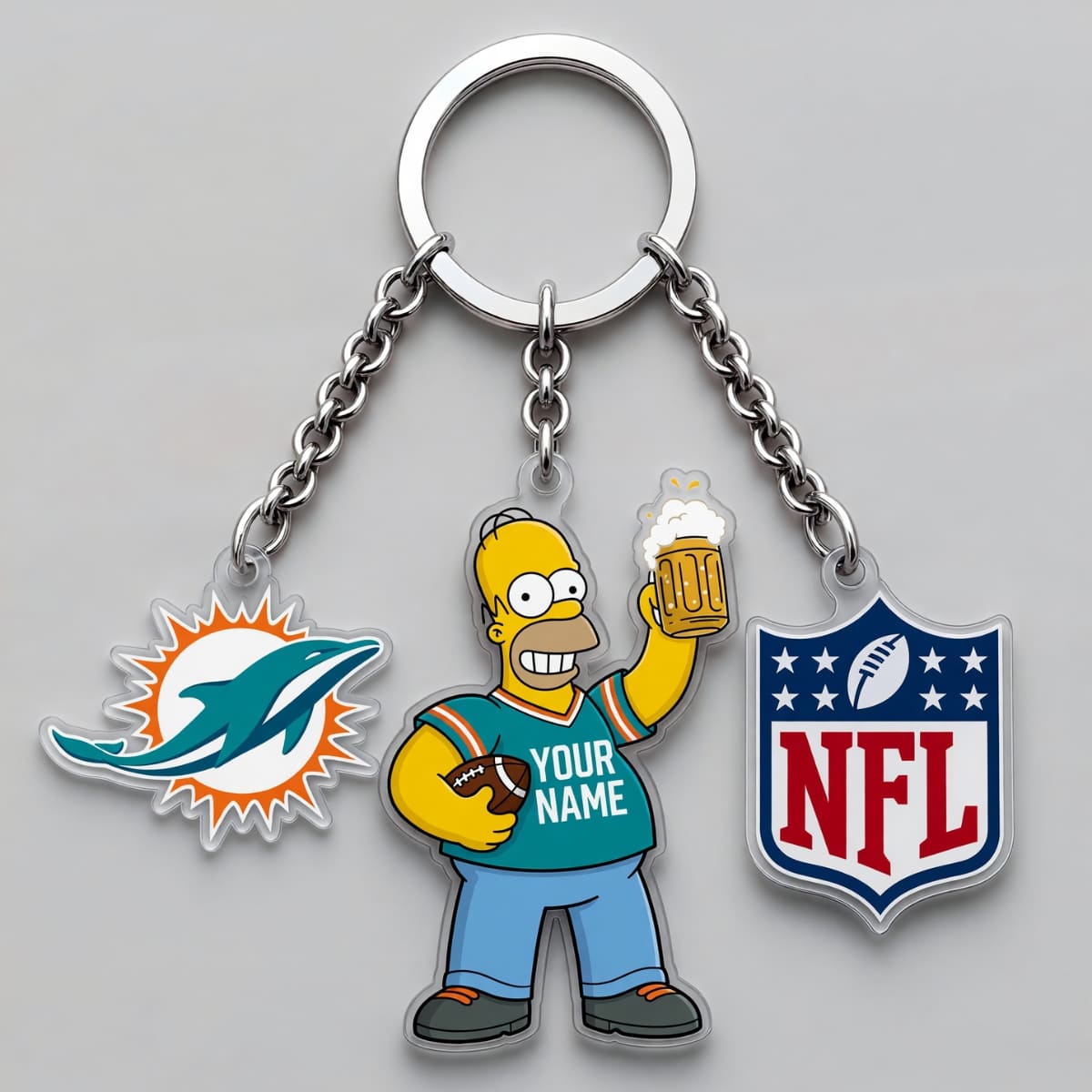 Personalized Miami Dolphins x The Simpsons Triple Charm Keychain – Custom Name | NFL Fan Gift