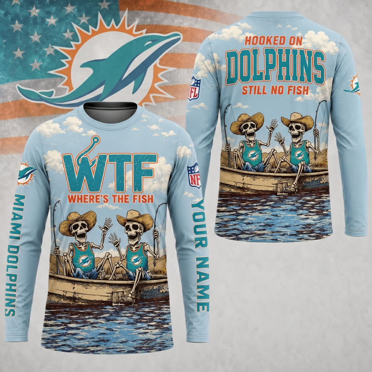 Personalized Miami Dolphins Where’s The Fish Long Sleeve Shirt – Custom Name | NFL x Fishing